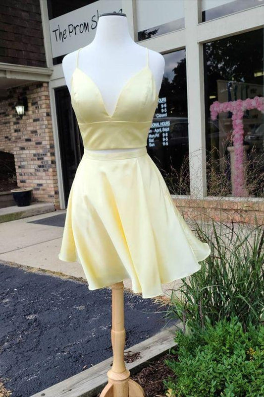 Homecoming Dresses two piece short yellow homecoming dress Andrea with spaghetti straps CD12343