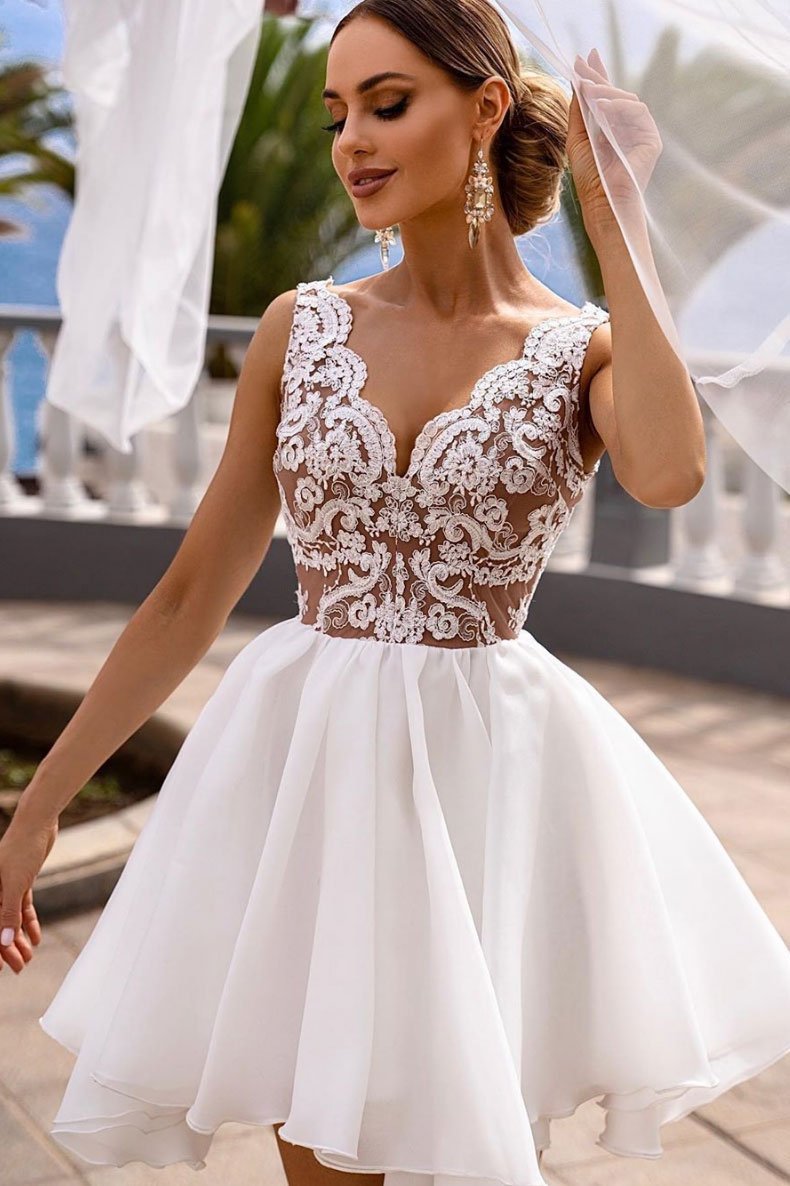 White v Clarissa neck Homecoming Dresses lace tulle short dress white lace cocktail dress homecoming dress CD12808