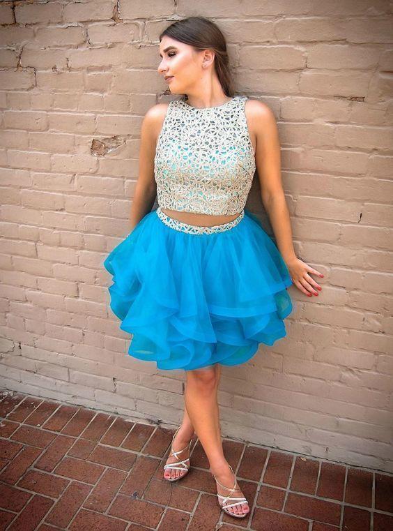 Destinee Two Piece Short Blue Homecoming Dresses Tulle Lace CD13481