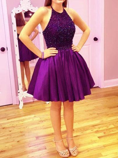 Short Homecoming Dresses Open Back Party Dress, Purple , Halter Neckline Purple Cocktail Lilith Dress CD13495