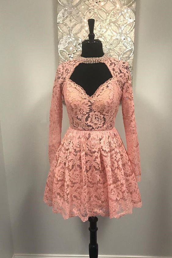 Homecoming Dresses Sweetheart Princess Long Sleeves Pink Lace Short CD14021