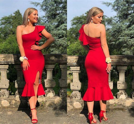 Red Mermaid Cocktail Dresses One Shoulder Side Split Tea Length Women Formal Prom Party Gowns