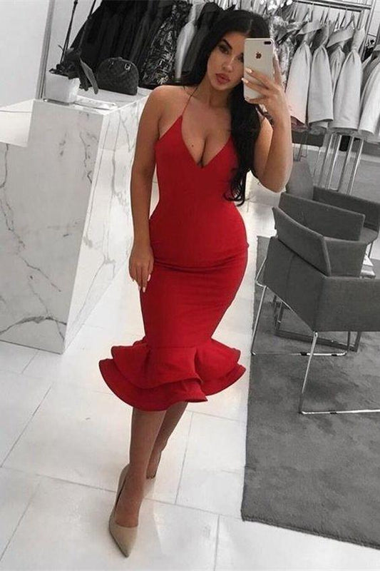 Spaghetti Straps Short Mermaid Red Homecoming Dresses Breanna Sheath Simple Beauty CD14059