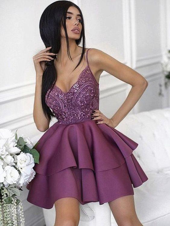 Sweetheart Neck Arianna Short Purple Lace Dresses, Short Purple Homecoming Dresses Lace Homecoming Graduation Cocktail Dresses CD1447