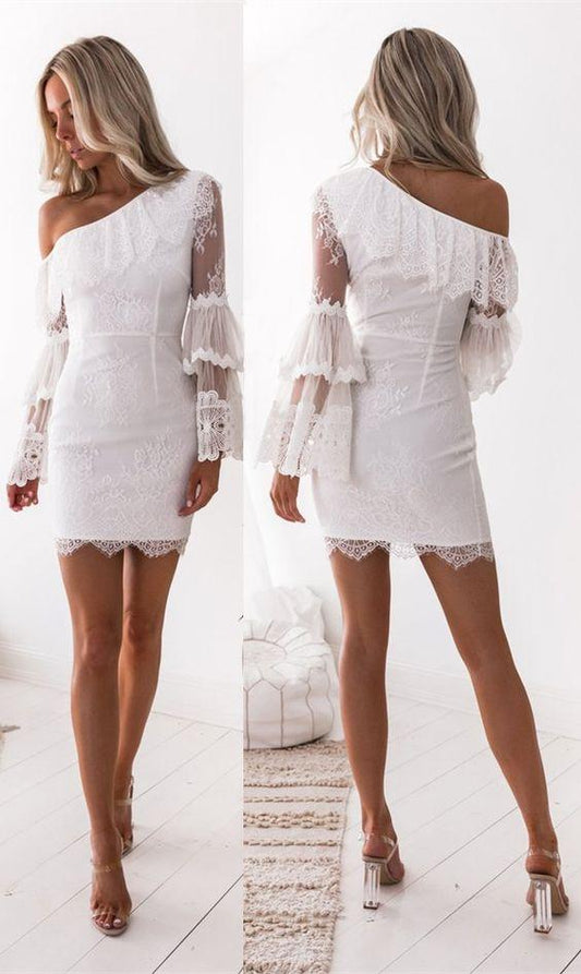 Sheath One Shoulder Long Sleeves White Lace with Ruffles Homecoming Dresses Jayla CD1452