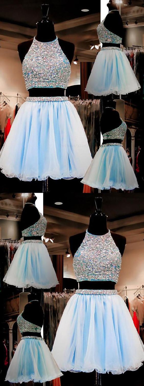 Two Piece A-line Homecoming Dresses Halter Organza Beaded Short Alanna Light Blue CD146