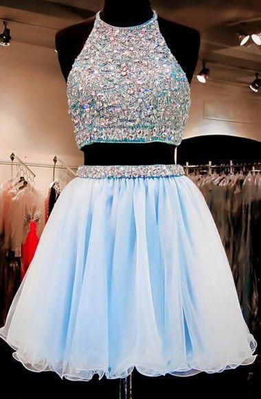 Two Piece A-line Homecoming Dresses Halter Organza Beaded Short Alanna Light Blue CD146