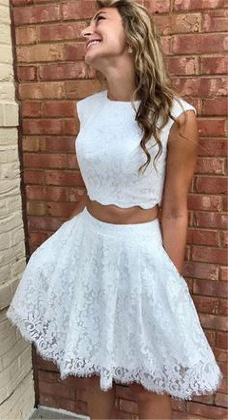 Two Piece Crew Above-Knee Irene White Lace Homecoming Dresses with Pockets CD1464