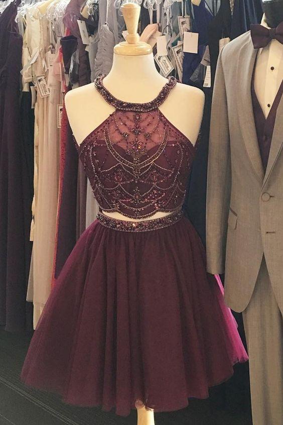 Halter Two Piece Burgundy , Beaded Party Homecoming Dresses Carlee Dresses CD1484