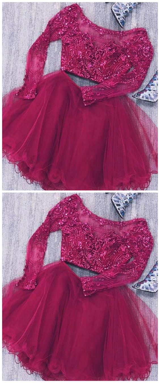 Two Piece Long Sleeves Homecoming Dresses Tulle Short Kaliyah with Lace Beads CD1507