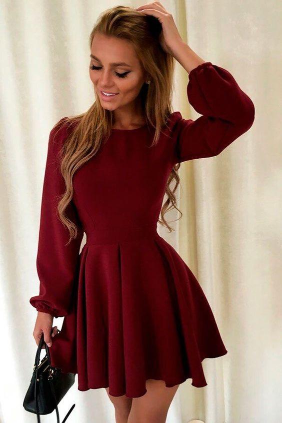 A-Line long sleeve burgundy Homecoming Dresses Chana homecoming dress CD1582