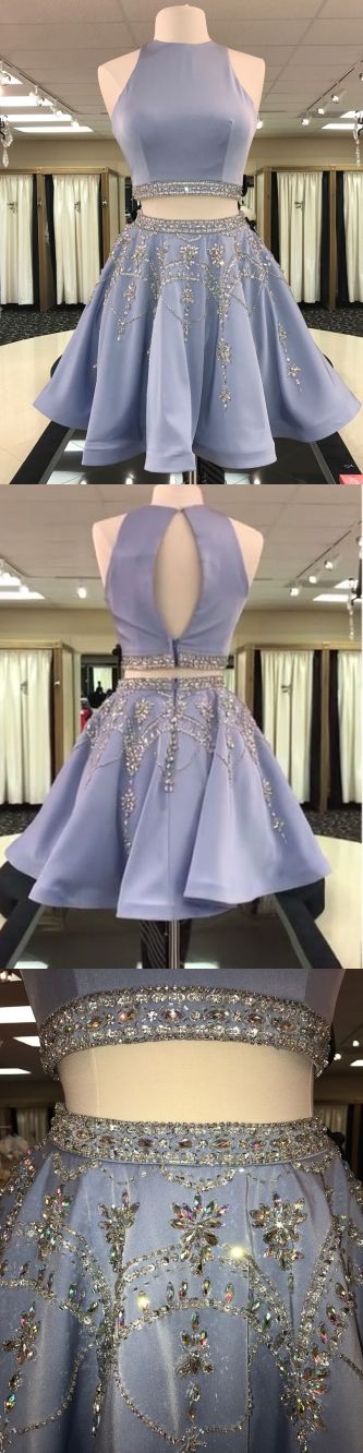 Mckinley Two Piece Round Neck Short Homecoming Dresses Light Sky Blue Beaded, cheap CD16