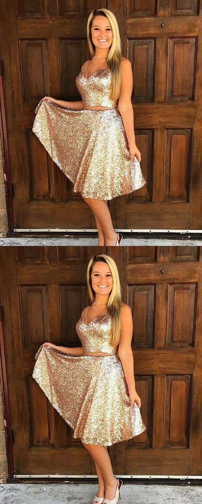 A-Line V-Neck Sleeveless Two Pieces Gold Sequined Homecoming Dresses Jacey CD1654