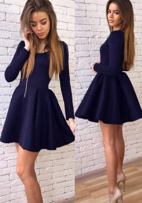 Cheap Homecoming Dresses Navy Blue Long Sleeves Modest Mini Short homecoming Emery Dress CD1672