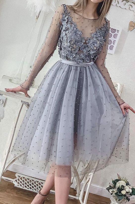 Short Silver Grey Cristina Pearls Long Sleeve Lace Appliqued Beads Homecoming Dresses Mini Cocktail Party Dresses Cheap Formal Gowns CD1766