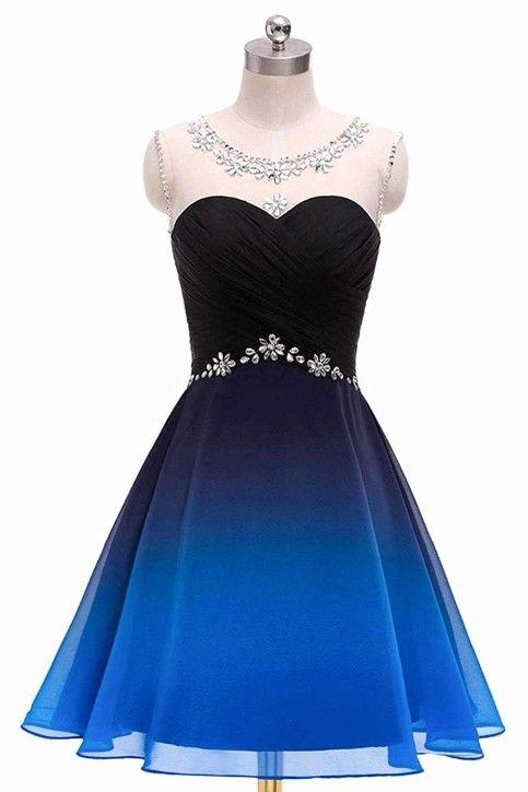 A Line Round Neck Beads Blue and Black Short Alicia Dresses, Ruffles Straps , Cocktail Homecoming Dresses Dresses CD1874