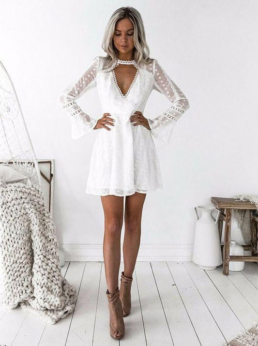 A-Line Jewel Long Sleeves Short White Lace Anya Homecoming Dresses CD1923