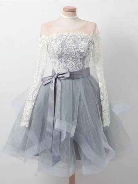 Long Sleeves Lace Homecoming Dresses Grey Short Cheap Janiah CD20244