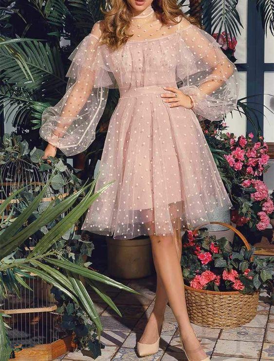 Litzy Cute Pink Short , Princess Lace Long Sleeves homecoming Dresses Homecoming Dresses CD2060