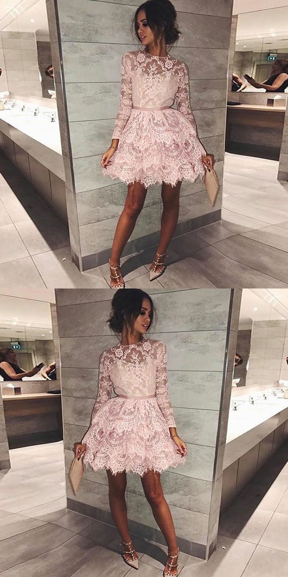 pink short homecoming dresses, long sleeves lace Homecoming Dresses short dresses, lace tiered short Mariam homecoming dress with sleeves CD210