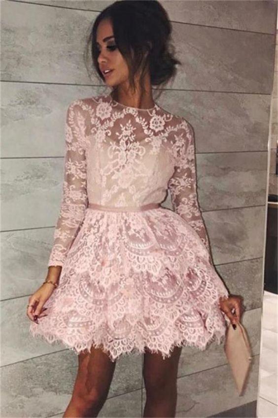 pink short homecoming dresses, long sleeves lace Homecoming Dresses short dresses, lace tiered short Mariam homecoming dress with sleeves CD210