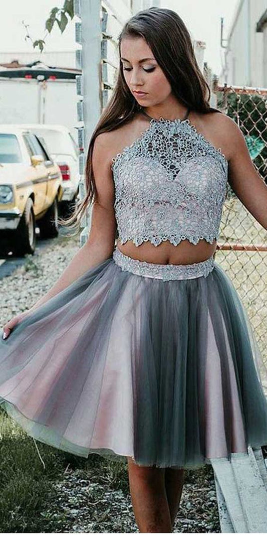 Grey Short Two Piece Halter Homecoming Dresses Homecoming Party Brynlee Dress with Lace CD2105