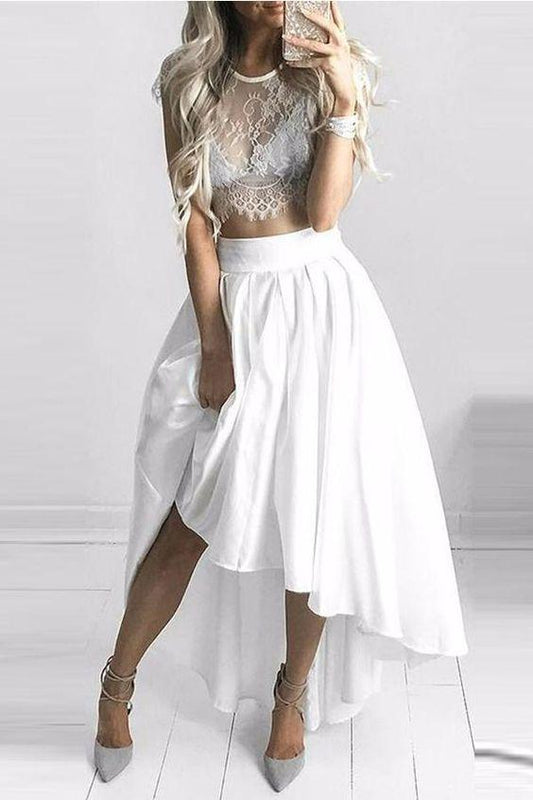 Classy White Homecoming Dresses Miley Two Pieces Lace High Low CD22538