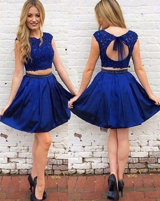 two piece royal Homecoming Dresses blue lace bodice Madilyn satin homecoming dress CD2262