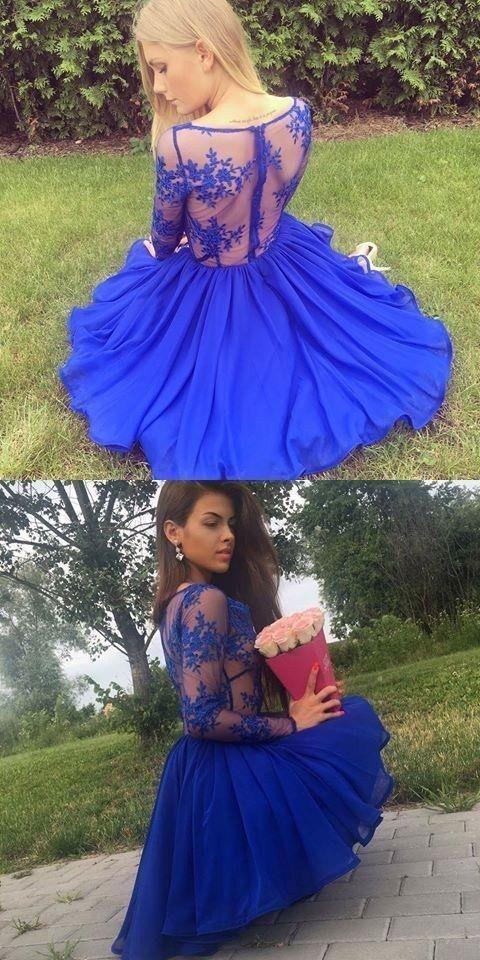 A-Line Deep V-Neck Long Sleeves Royal Homecoming Dresses Blue Chiffon Short Mireya CD22698