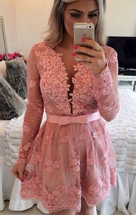 Homecoming Dresses Long Sleeves Cynthia V Neck Lace Pink Formal Evening Gown CD22734