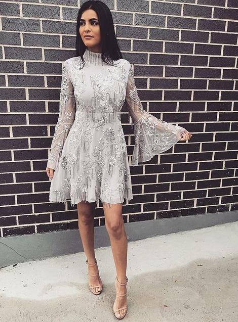 A-Line High Neck Short Grey Homecoming Dresses Lace with Long Sleeves Mikayla CD22812