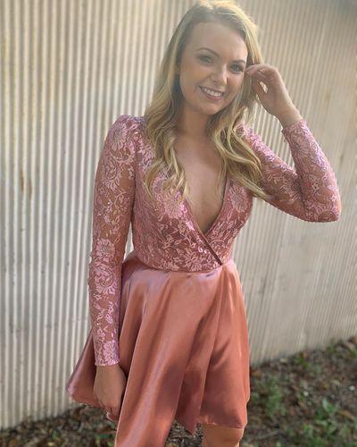 V Homecoming Dresses Neck Blush Lillianna Pink Long Sleeves CD22866