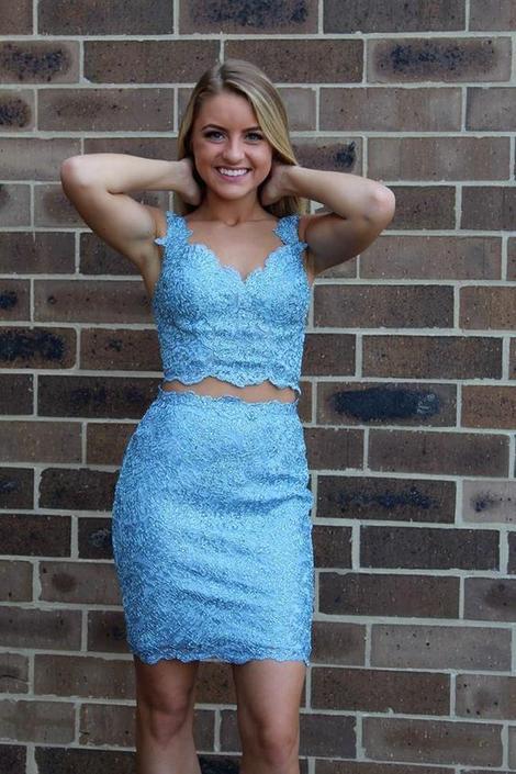 Homecoming Dresses Two Piece Blue Lace Tight Short , Novia Sheath CD22871