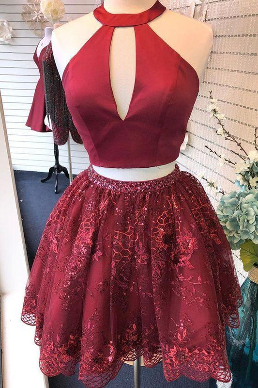 Two Piece Avery Burgundy Beaded Sequins With Homecoming Dresses Cut Out CD23084