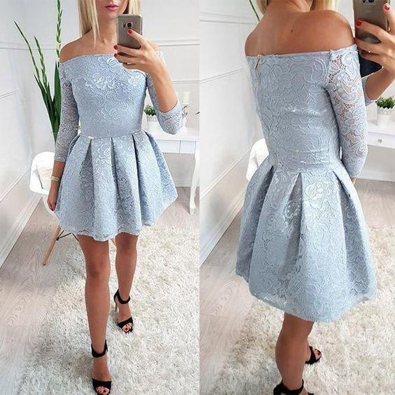 Light Blue Lace Off Shoulder Long Sleeve Beatrice Homecoming Dresses Simple CD23169