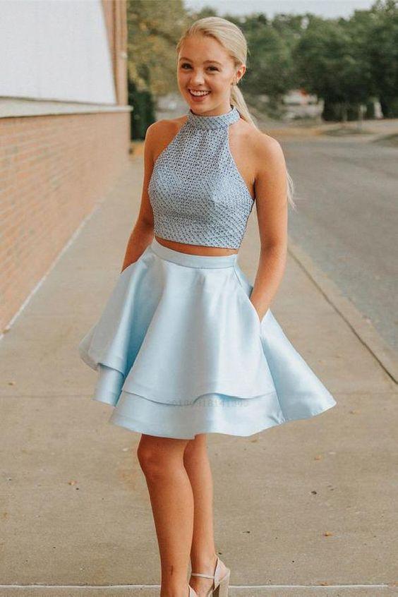 Two Pieces Halter Homecoming Dresses Camila Sleeveless Backless Blue Short , CD232