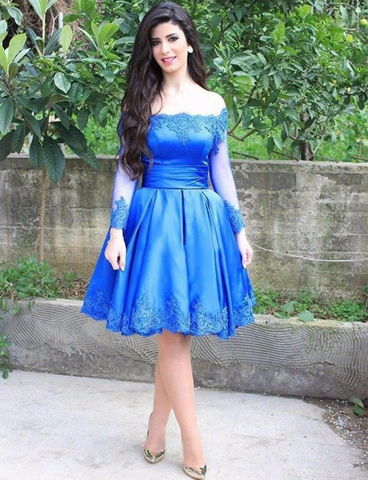 Princess Homecoming Dresses A Gracelyn Line Off The Shoulder Blue Short Long Sleeves CD2329