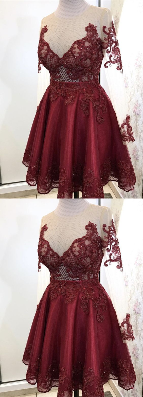 Elegant Burgundy Homecoming Dresses Tulle Payton Lace Long Sleeves CD2354