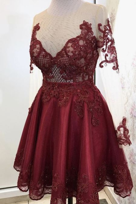 Elegant Burgundy Homecoming Dresses Tulle Payton Lace Long Sleeves CD2354