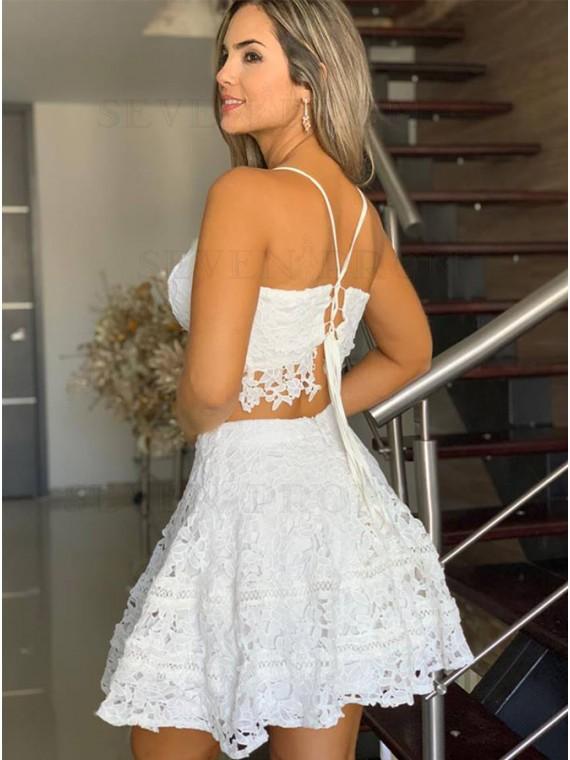 Two Piece Spaghetti Straps Short Lace Homecoming Dresses Finley White CD23868