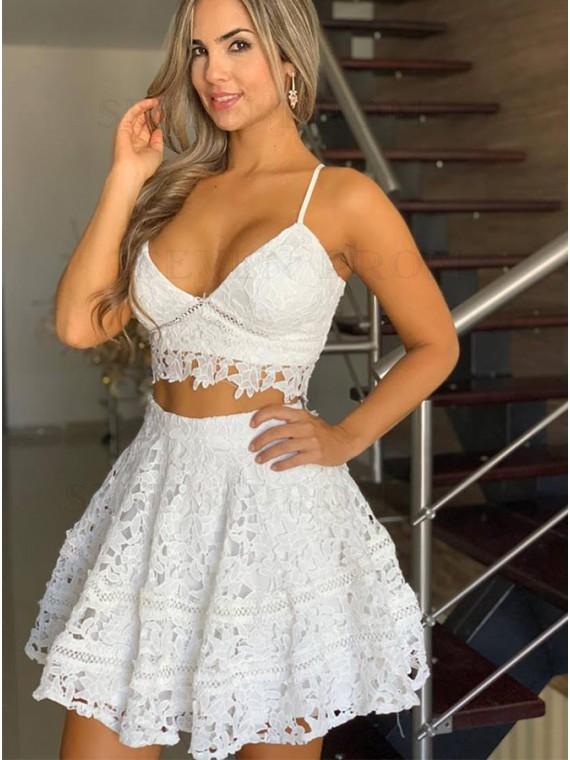 Two Piece Spaghetti Straps Short Lace Homecoming Dresses Finley White CD23868