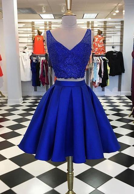 Two Pieces with Beading Top, Royal Blue Homecoming Dresses , Dance Dresses Dixie CD23948