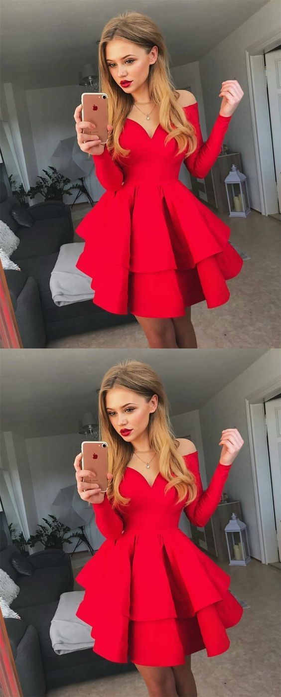 A-Line Crew Neck Long Sleeves Short Lia Red Homecoming Dresses Tiered CD240