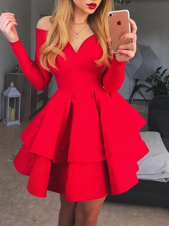 A-Line Crew Neck Long Sleeves Short Lia Red Homecoming Dresses Tiered CD240