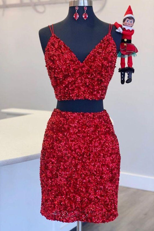 Homecoming Dresses Two Piece Red Aracely Sequined Dress homecoming dress CD24085