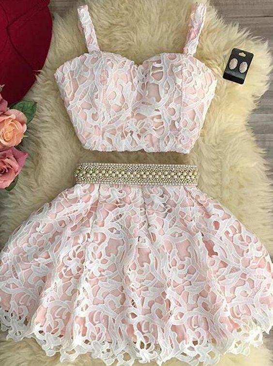 Cute Karsyn pink two pieces lace short homecoming dress, pink homecoming dress Homecoming Dresses CD244