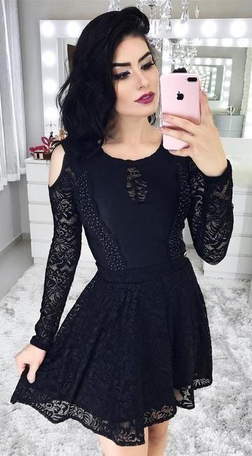 long sleeve black homecoming dresses for Homecoming Dresses teens, cold shoulder little black Paige dress, semi formal dress for junior CD24438