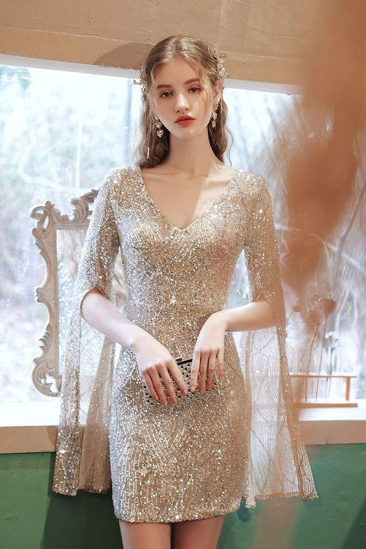 tight gold sequins party dress Kristin with Homecoming Dresses flare long sleeves homecoming dress CD24696