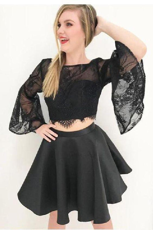 Two piece black Homecoming Dresses short Braelyn homecoming dresses, 2 piece bell sleeves CD254