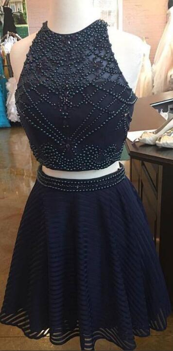 Two Piece Homecoming Dresses Short Frances Navy Blue Beads CD2609